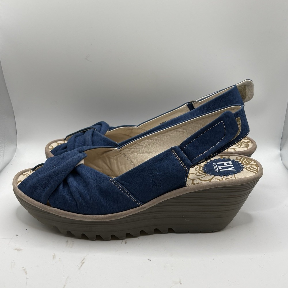 Fly London Yata Wedge Sandal Heels in Blue, sz 40/9-9.5